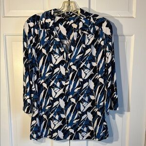 Alfani Blue Graphic Buttoned Blouse with Notched Collar